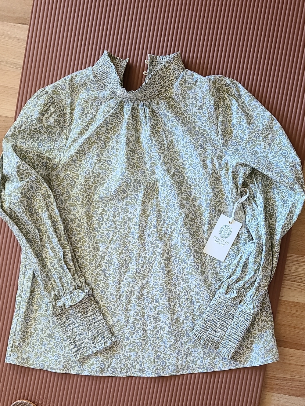 Tuckernuck Sage Floral Smocked High-Neck Blouse